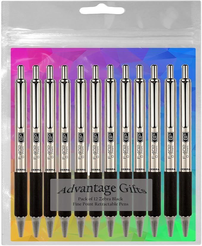 Zebra F-402 Ballpoint Stainless Steel Retractable Pen, Fine Point, 0.7mm, Black Ink, 12-Count Bundle with Plastic Reusable Pouch