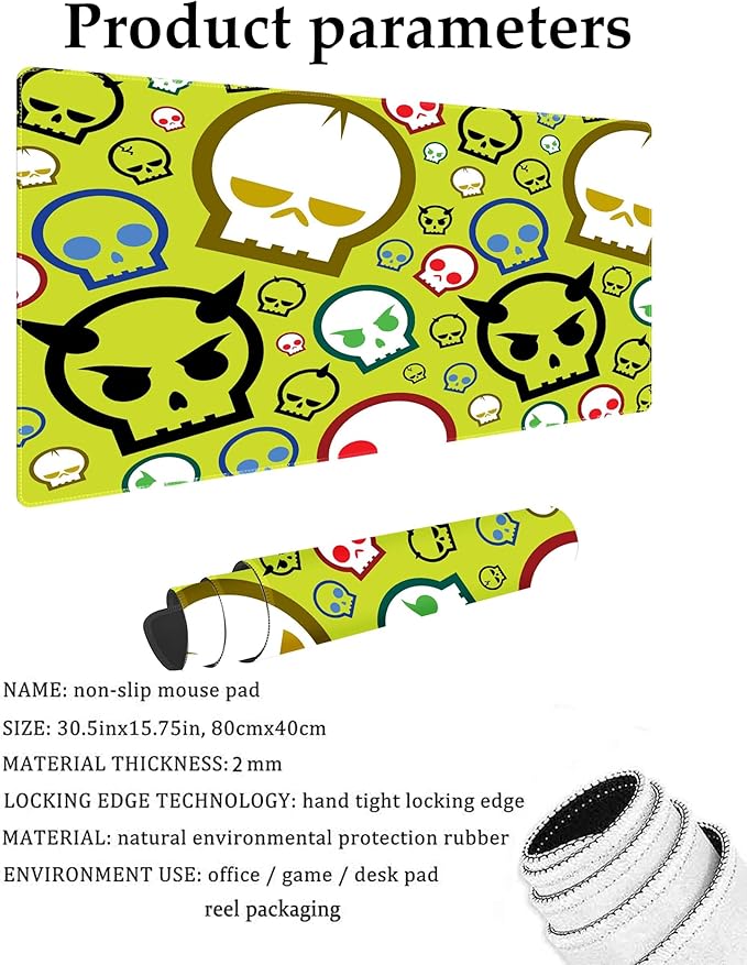 Personality Skull Head Customized Large Extended Gaming Mouse Pad with Stitched Edges and Non-Slip Rubber Base,Suitable for Office and Home Use,31.5x15.7 Inches