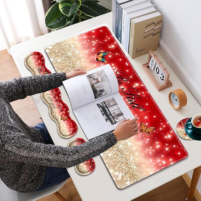 Large XXL Gaming Desk Mat 31.5"x 11.8", Ergonomic Keyboard Wrist Rest & Mouse Pad Wrist Rest + Coaster Set, Non-Slip Base, Memory Foam, Office and Home, Christian Psalm 46:10
