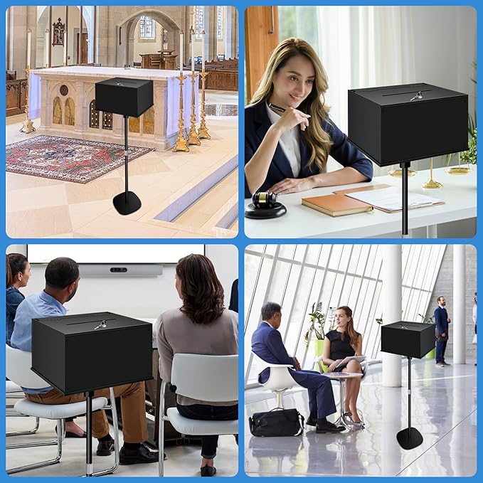 Metal Suggestion Box with Stand Floor Standing Donation Box with Lock and Key Heavy-Duty Collection Case for Charity Home Office Church Elections, Black