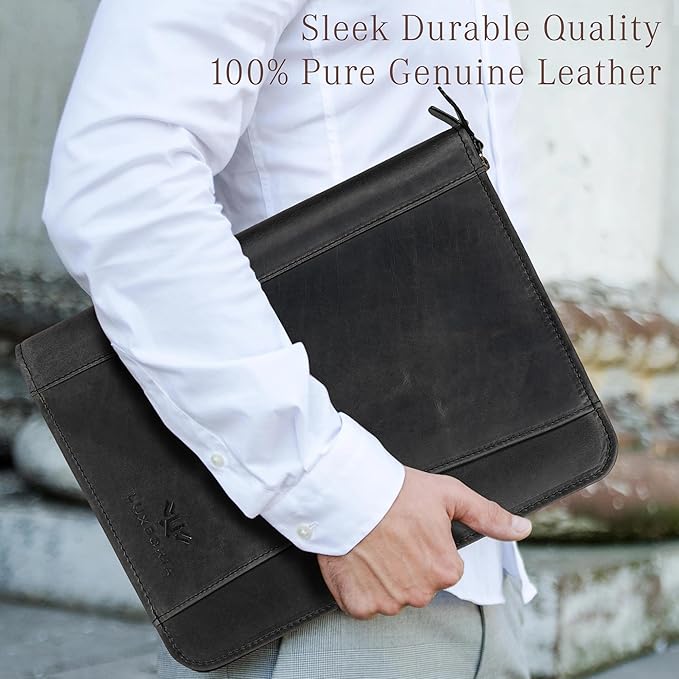 Leather Portfolio Professional Organizer Padfolio – Resume Folder, Document Binder w/Business Card Holder, Portfolios for Men & Women, Office & Business Supplies by Luxeoria | (Large - Black)