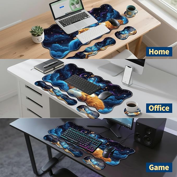 4-Piece XXL Gaming Mouse Pad Set (31.5"x11.8") with Keyboard Wrist Rest,Mouse Wrist Support & Coaster,Ergonomic Non-Slip Desk Mat for Office & Home,Cat Bule Butterfly