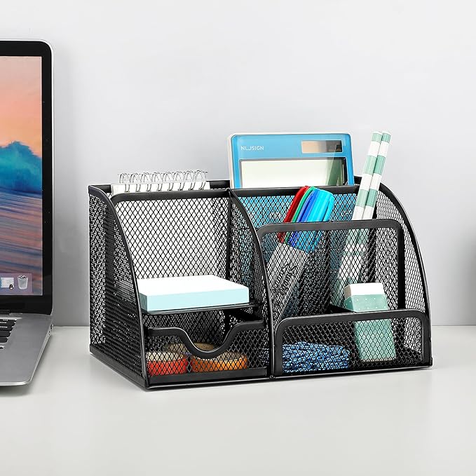 MaxGear Office Desk Organizer - 6 Compartment Pen Holder & Drawer, Metal Mesh Desktop Organizer with Non-Slip EVA Pad, Black Desk Caddy, 8.7" x 5.5" x 5"