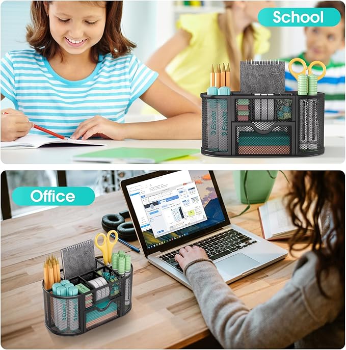 MaxGear Desk Organizer, Pencil Holder for Desk with Drawer, 9 Compartments, 8.75" x 4.5" x 4" Metal Mesh Stationary Organizer, Black Desk Caddy for Office, School & Home