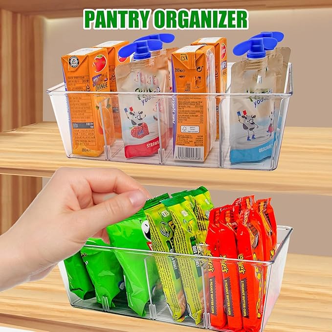 Pantry Organizers and Storage,Kitchen Organizers and Storage for Fridge,Drawer and Refrigerator - Spice Organization for Cabinet,Clear Plastic Stackable Storage Organizer Bins with 3 Dividers (3 Pcs)