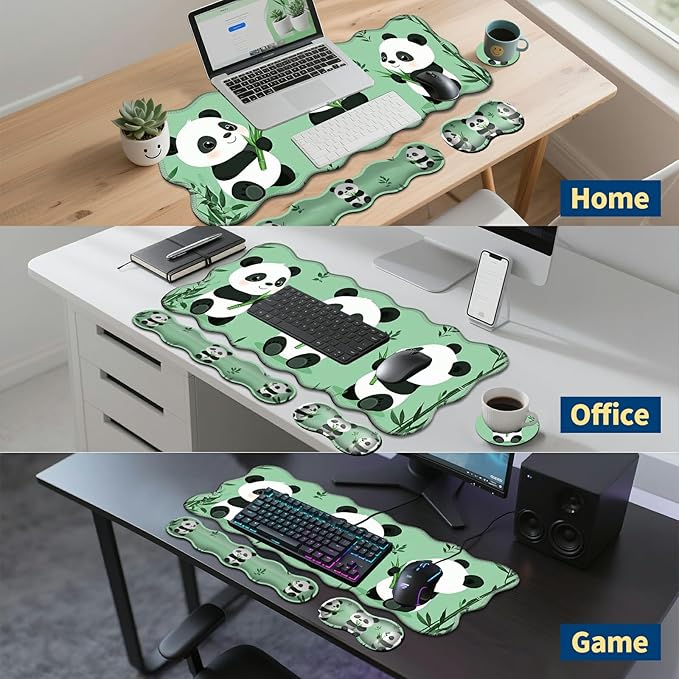4-Piece XXL Gaming Mouse Pad Set (31.5"x11.8") with Keyboard Wrist Rest,Mouse Wrist Support & Coaster,Ergonomic Non-Slip Desk Mat for Office & Home,Cute Three Pandas