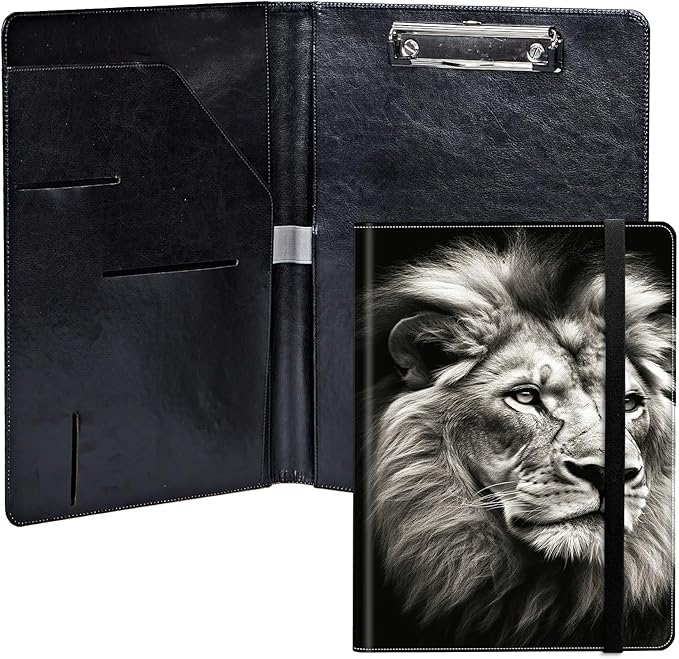 Lion PU Leather Padfolio Clipboard Notepad with Pen Loop and Elastic Strap Interview/Resume Document Organizer for Business School Office