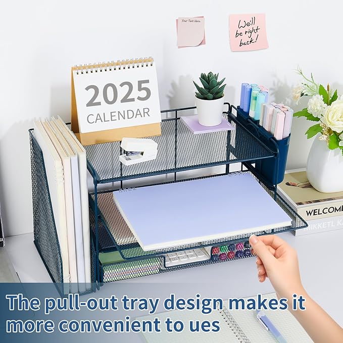 OPNICE Desk Organizer and Accessories, 4-Tier Desktop File Organizer with Drawer and 2 Pen Holders, Office Desk Accessories, File Sorters, Workspace Organizers for Office Supplies(Dark Blue)