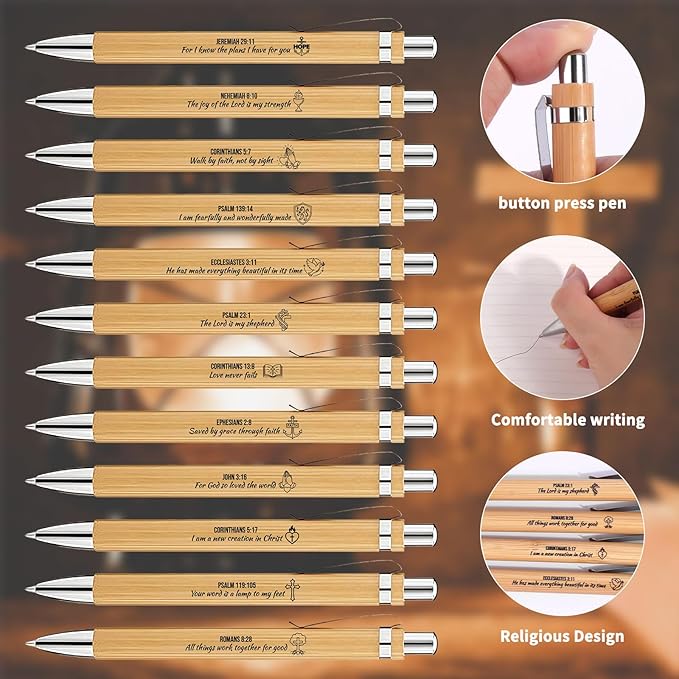 Bible Verse Pens 25 Pcs with 12 Christian Pens & 12 Refills & 1 White Pen Pouch Bamboo Retractable Ballpoint Pens Inspirational Quote Pen Religious Gifts for Men Women