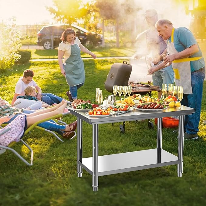 Stainless Steel Table for Work, 24 x 48 Inches Stainless Steel Prep Table with Backsplash,Adjustable Undershelf Stainless Steel Table for Commercial Kitchen, Outdoor, Restaurant, Hotel & Garage