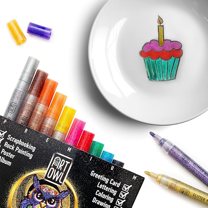 Acrylic Glitter Paint Marker Pens, Medium Pens for Rock Painting, Stone, Ceramic, Glass, Wood, Fabric, Card Making, Canvas, DIY Crafts - Set of 12 Sparkle Paint Markers