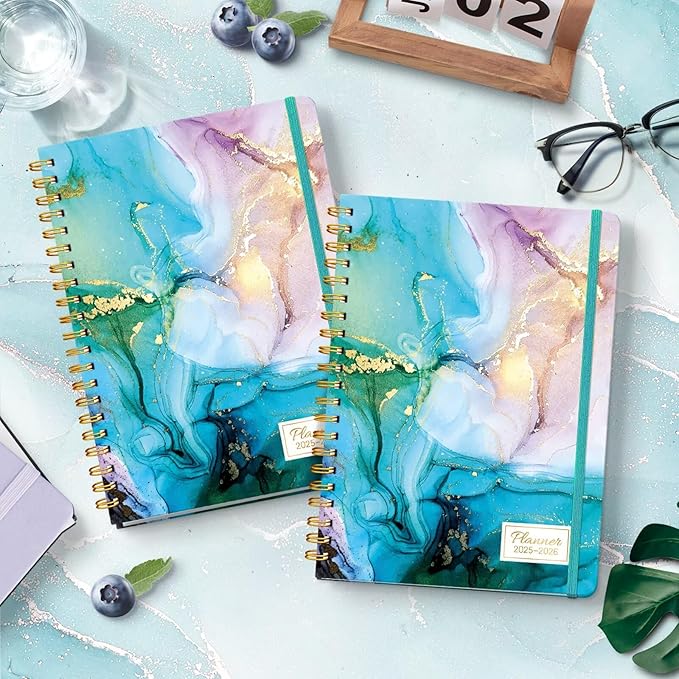 Lonely Oak Academic Planner 2025-2026, Daily Weekly and Monthly Calendar Planner 6.18" x 8.5" with Tabs, Spiral School Year A5 Agenda from JUL.2025 to JUN.2026 for Student and Teacher (Cyan Marble)