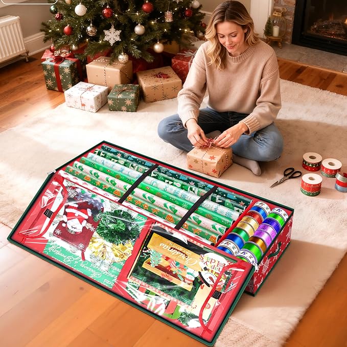 Wrapping Paper Organizer Storage, Christmas Wrapping Paper Storage with Flexible Partition & Pockets for Christmas Decorations, Ribbon, Underbed Gift Wrap Organizer for Holiday(Snowflake/Red)