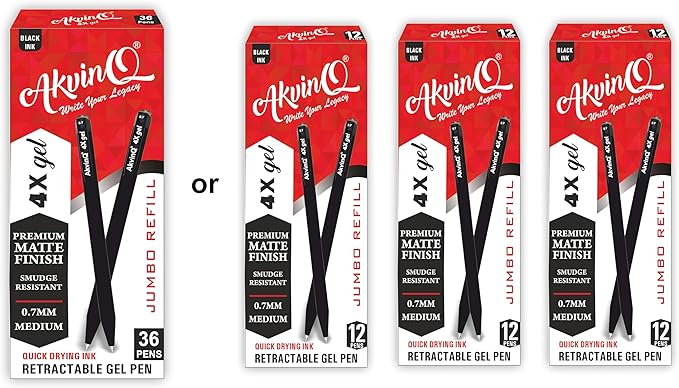 AKVINQ® 4X Gel Retractable Gel Pen | 0.7mm Medium Point | Black Gel Ink Pens | Pack of 36 Pens | Premium Matte Finish | Jumbo Refill - For Journaling, Writing, Note-Taking, Office Supplies