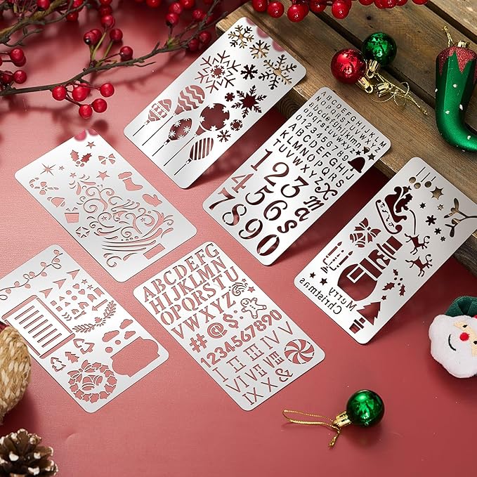 Lewtemi 6 Pcs Christmas Metal Stencils Engraving Stencils for Wood Burning Reusable Wood Burning Templates for Wooden Carving Drawing Engraving Scrapbook Journal Craft Holiday DIY (Christmas Style)