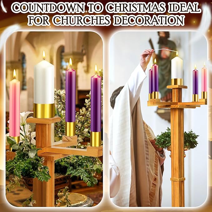 Mumufy 48 Inch Tall Advent Church Stand Candleholder Set of 5 Purple Pink White Candles Wood Nativity Candle Stand with Metal Arch Christmas Candlestick Holder for Christmas Church Holy(Natural Wood)