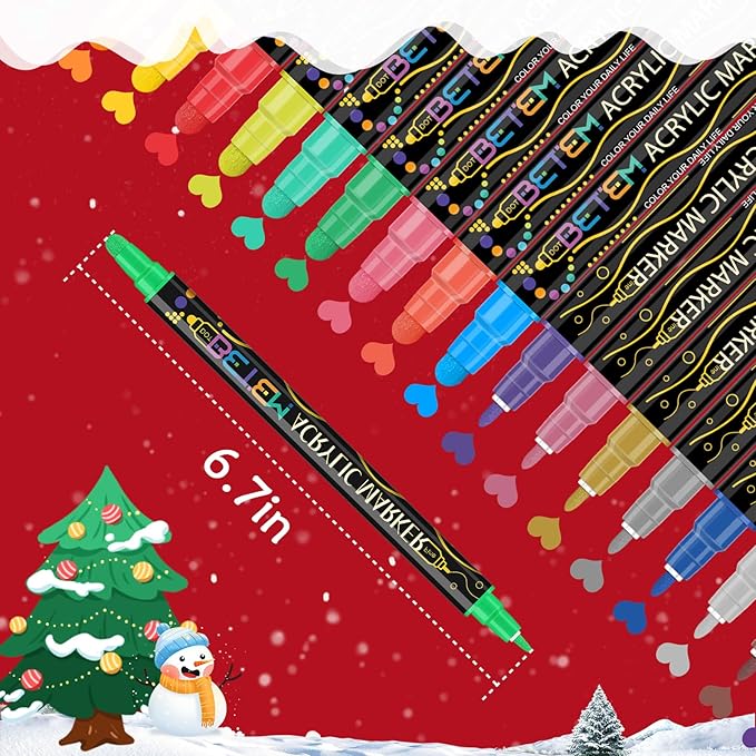 Betem 24 Colors Dual Tip Acrylic Paint Pens Markers, Premium Acrylic Paint Markers Stocking Stuffers for Rock, Wood, Fabric, Glass, Canvas, Ceramic, Christmas Gifts for Teens DIY Crafts Art Supplies