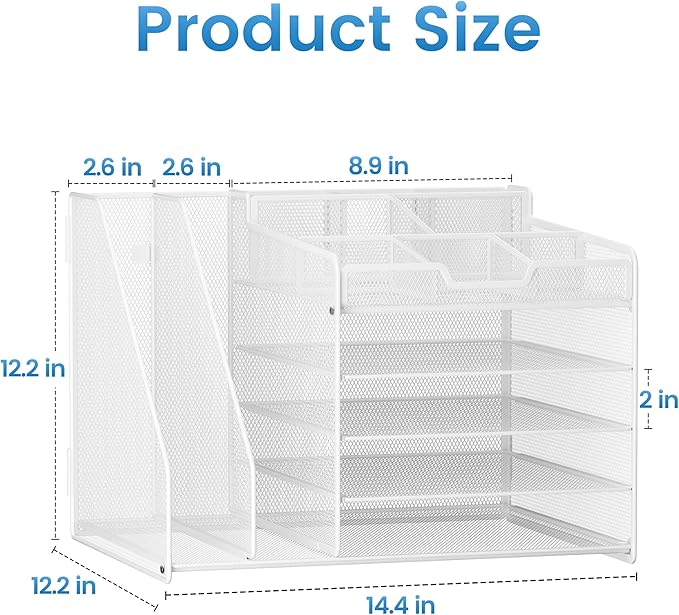Lavatino 5-Tier Desk Organizer with 2 File Holders, Metal Adjustable Paper Letter Tray for Office or Home Desk Organizers and Accessories | 7 Flexible Dividers Keep Workspace Supplies Neat, White
