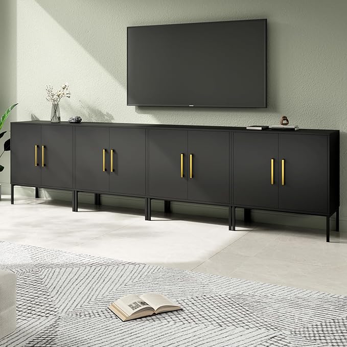 LYNSOM Storage Cabinet with Doors, Set of 4, Modern Buffet Cabinet with Storage, Kitchen Sideboard Buffet, Black Wood Accent Cabinet for Living Room, Bedroom, Hallway, Entryway, Office, Black