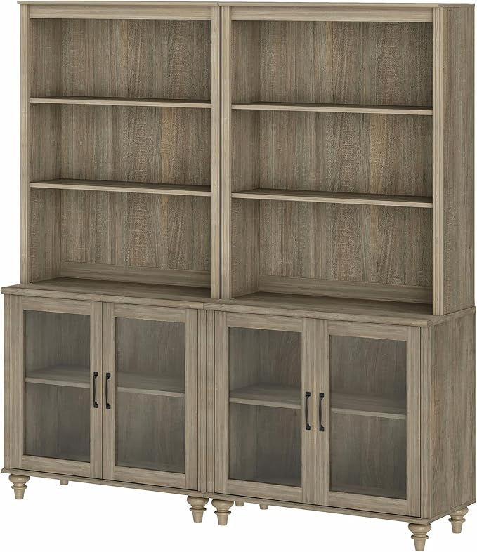 WAMPAT 5 Tier Wooden Bookcase 72" Tall Bookshelf with Glass Doors,Large Farmhouse Display Book Shelf with Adjustable Shelves and Storage Cabinet for Living Room, Study Room, Bedroom, Wash Grey