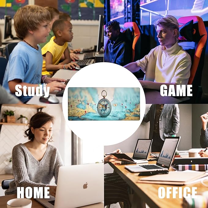 Mouse Pad,Compass on World Map Desk Mat for Desktop,Desk Pad with Non-Slip Base and Stitched Edge,Extended Mousepad for Office and Home 35.4X15.7 Inch