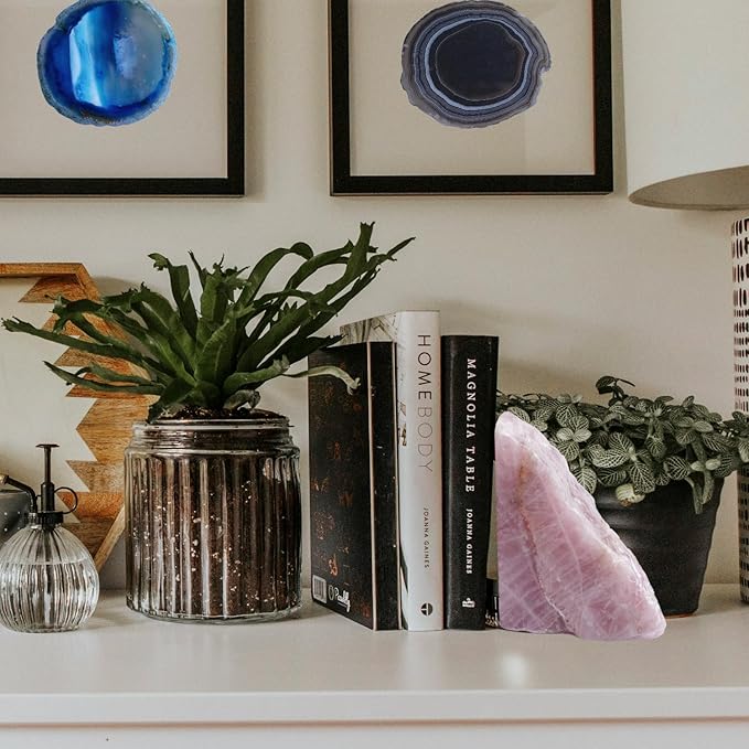 Natural Rose Quartz Bookends with Rubber Feet 4-5Lbs Heavy Duty Non-Slip Crystal Bookends 1 Pair | Raw & Polished Stone | Healing Office Decor Gift