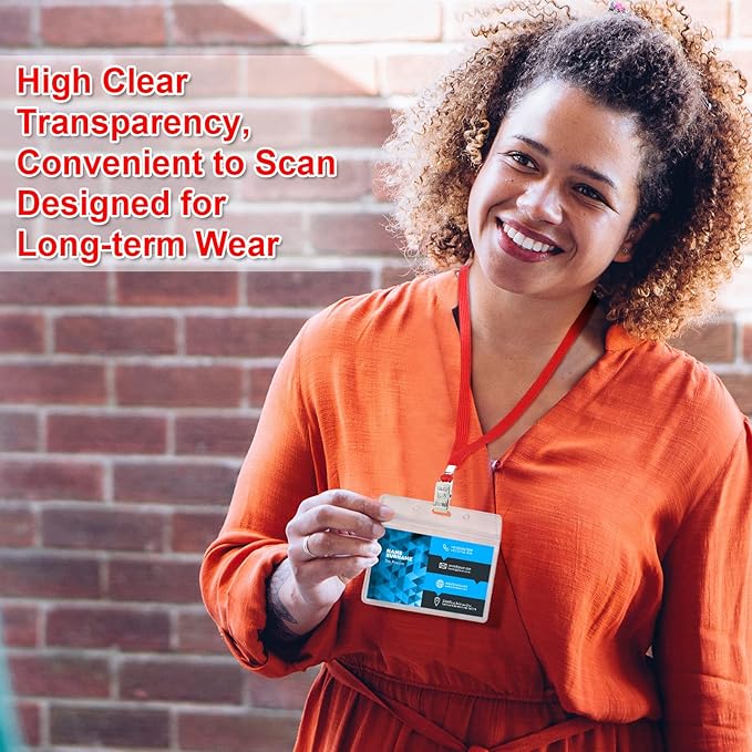 Marspark 50 Sets Clear Name Tags with Lanyard, Lanyards for ID Badges Reusable Strap with ID Holder Plastic Name Badges for Adults Business School Church Conference (Red)