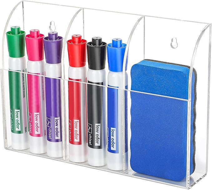 MaxGear Wall Marker Holder, 3 Compartments Desk Acrylic Organizer for Remotes, Pens, Makeup, Markers, Clear Remote Control Holder for Whiteboard Accessories-7.8'' x 1.6'' x 5.5''