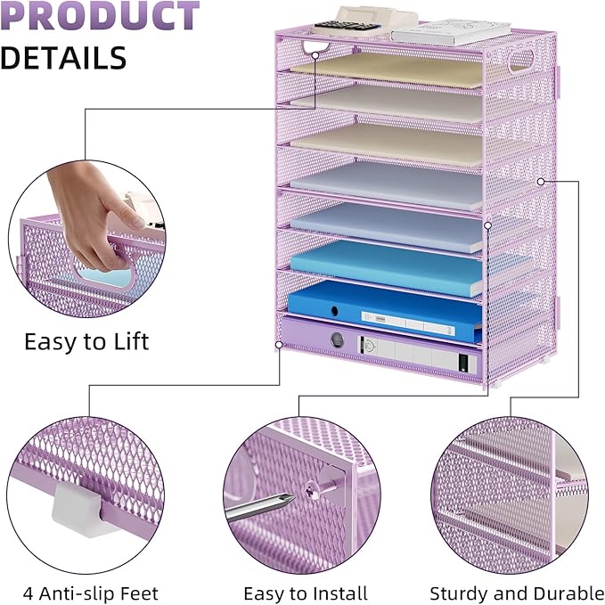 Marbrasse Paper Organizer Letter Tray, 9 Tier Mesh File Organizer with Handle, Paper Sorter Desk Organizer for Home Office Supplies - Purple