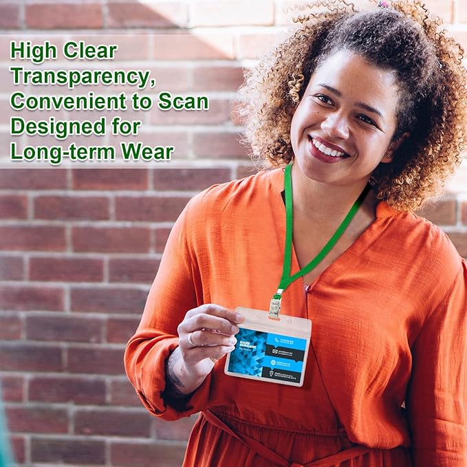 Marspark 50 Sets Clear Name Tags with Lanyard, Lanyards for ID Badges Reusable Strap with ID Holder Plastic Name Badges for Adults Business School Church Conference (Green)