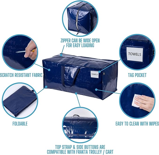 VENO 8 Pack Moving Bags w/Backpack Straps, Heavy Duty, Moving Boxes Alternative, Packing Supplies, Large Storage Totes for Dorm Room Essentials with Zipper for Clothes (Blue, 8 Pack)