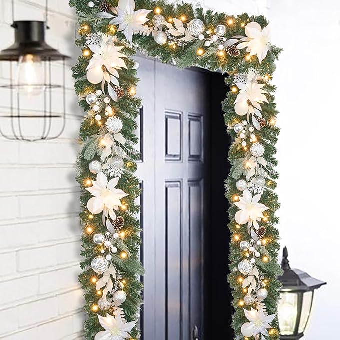 Lighted Christmas Garland for Mantle,Fireplace,Stairs, Garland for Front Door Pre-lit 6 feet Winter White Silver Poinsettia Garland with 25 LED Lights,Timer & Battery Operated.in/Out Door Decor