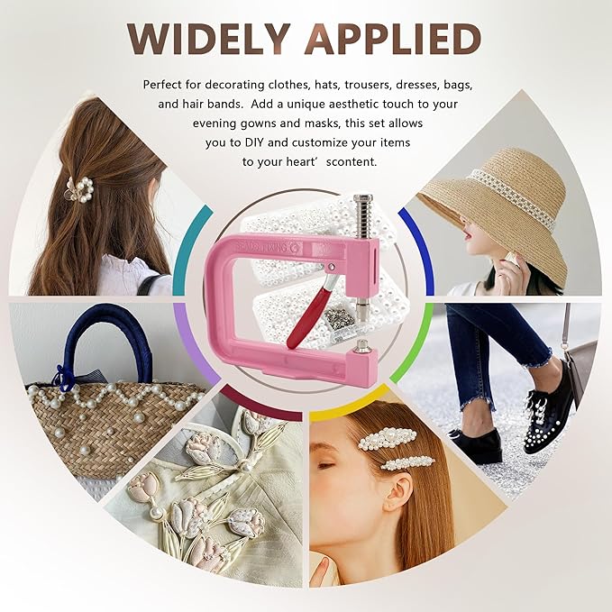 Pearl Setting Machine Hand Press Tools 2 Boxes White No Holes Pearl Beads with Rivet Studs Screw Heads L Hexagon Wrench for Decorating Clothes Hat Trousers Dresses Bag Hair Band DIY Crafts (Pink)