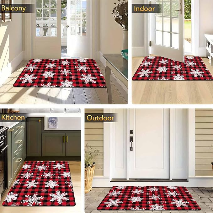 Merry Christmas Snowflakes Red Plaid Door Mat, Christmas Buffalo Plaid Doormat with Non-Slip Backing Front Porch Rug Welcome Mats for Home Indoor Outdoor, 16" x 24" Inch