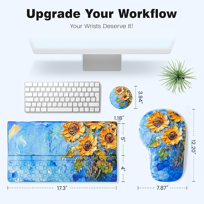 Ospelelf Ergonomic Mouse Pad and Keyboard Stand Wrist Rest Set, Memory Foam Comfort, Pain Relief for Typing, Office Desk Accessories, Sunflower