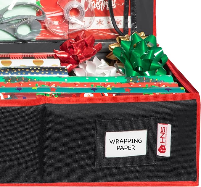 Premium Wrapping Paper Storage Container -Durable Material 600D tear-proof - Fits up to 27 Paper Rolls -Extra Pockets for Ribbons & Bows. Underbed Gift Wrap Organizer, Ideal for Holiday Christmas, etc (Black)