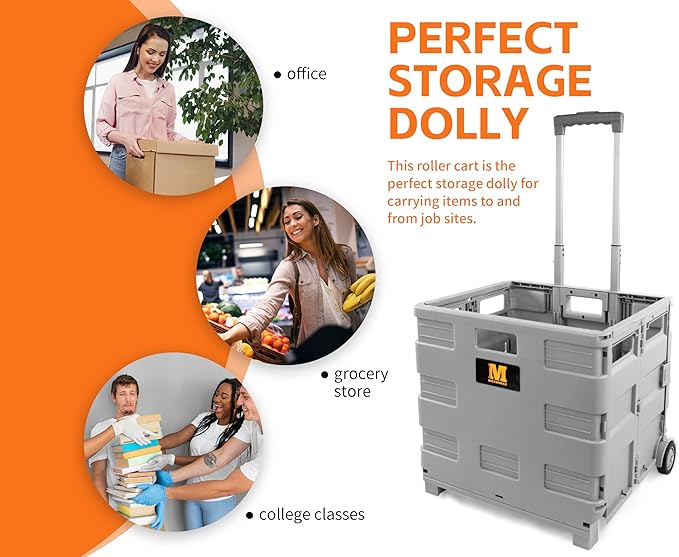 MaxWorks 50876 Collapsible Gray Rolling Folding Dolly Grocery Cart - Multi-Functional Teacher Dolly with Extra Storage, Durable Wheels, and Easy-to-Fold Design for Classroom, Office, Shopping