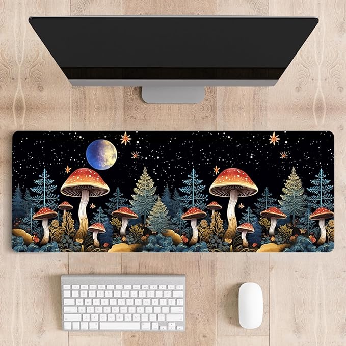 Mousepad Desk Mat Gaming Large Keyboard Cute Office Desktop Computer Laptop XXL Long Big Kawaii Aesthetic Girly Pretty Design Women Girl Gamer Oversized Wide 30x12'' Mousepad, Moon Mushroom