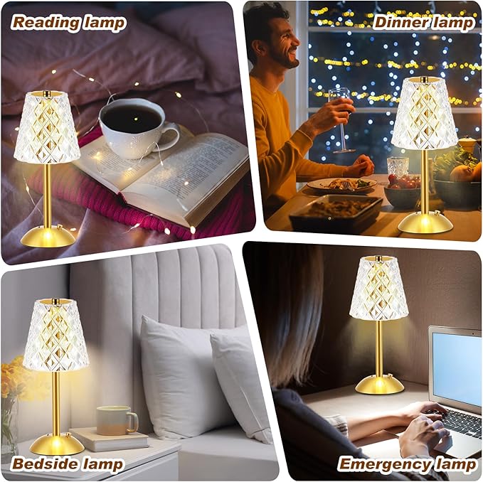 Liliful 2 Pcs LED Portable Cordless Table Lamp Touch Battery Operated Rechargeable Gold Desk Lamp 3 Color Dimmable for Bedroom Living Room Dining (Gold,Diamond Style)