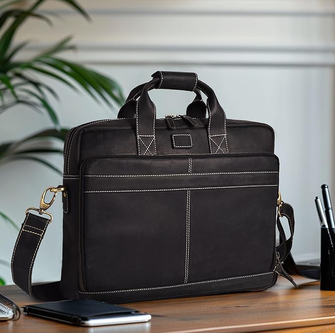 LEATHER VILLAGE 16" Leather Laptop Messenger Briefcase Bag for Men-Leather Satchel for Travel and Office Shoulder Bag-Black