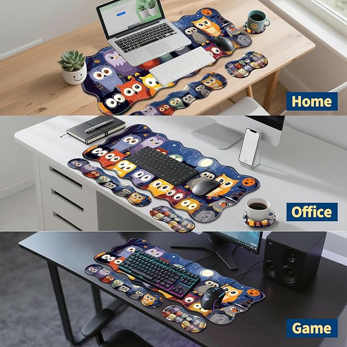 4-Piece XXL Gaming Mouse Pad Set (31.5"x11.8") with Keyboard Wrist Rest,Mouse Wrist Support & Coaster,Ergonomic Non-Slip Desk Mat for Office & Home,Colorful Night Owls