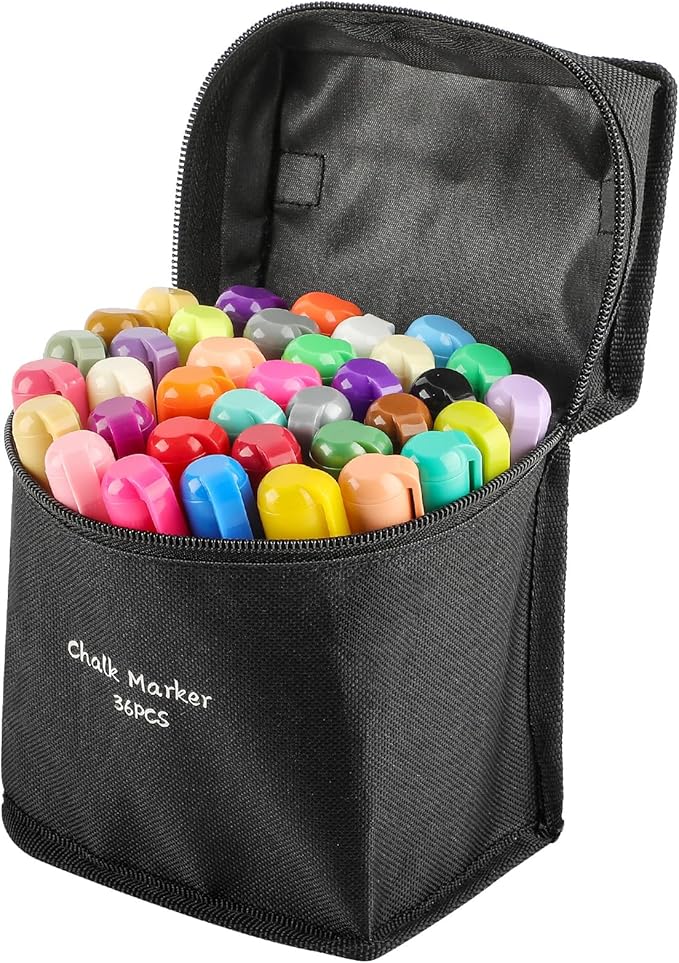 MaxGear Chalk Markers, 36 Color Liquid Chalk Marker for Blackboard, Wet Erase Window Markers for Glass Washable with 6mm Reversible Bullet & Chisel Tip for Chalkboard, Glass, Window, Mirror, 36 Pack