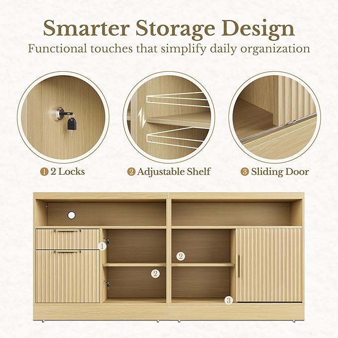 2 Drawer File Cabinet with Lock, 63'' Wood Lateral File Cabinet, Compatible Letter and A4 Size, Fluted Filing Cabinet for Home Office with AC/USB, Adjustable Storage Shelves, Light Walnut