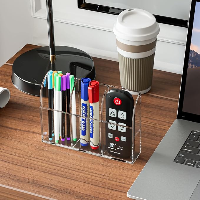 MaxGear Wall Marker Holder, 3 Compartments Desk Acrylic Organizer for Remotes, Pens, Makeup, Markers, Clear Remote Control Holder for Whiteboard Accessories-7.8'' x 1.6'' x 5.5''