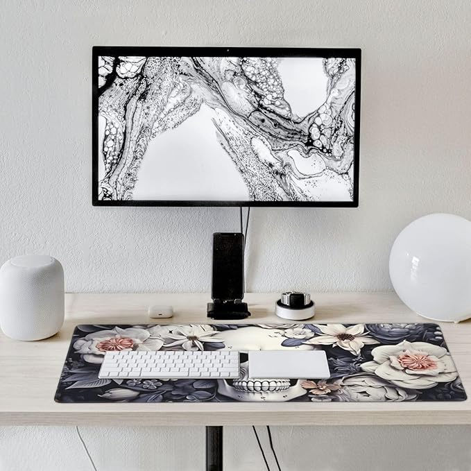 35.4 x 15.7 in, Waterproof XXL Large Mouse Pad for Desk, Extended Keyboard Mouse Mat for Computer Office, Big Laptop Mouse pad, Gaming Pc-White Skull&Flowers