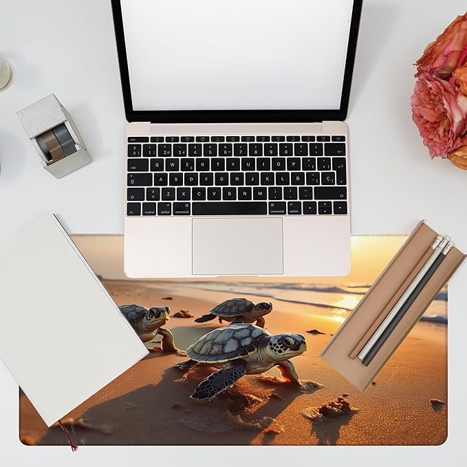 Large Gaming Mouse Pad for Desk, Baby Turtles On Beach Desk Mat, Cute Sea Turtle Desk Pad, 31.5"x15.7" Extended Big Computer Keyboard Mouse Pad with Non-Slip Base and Stitched Edge
