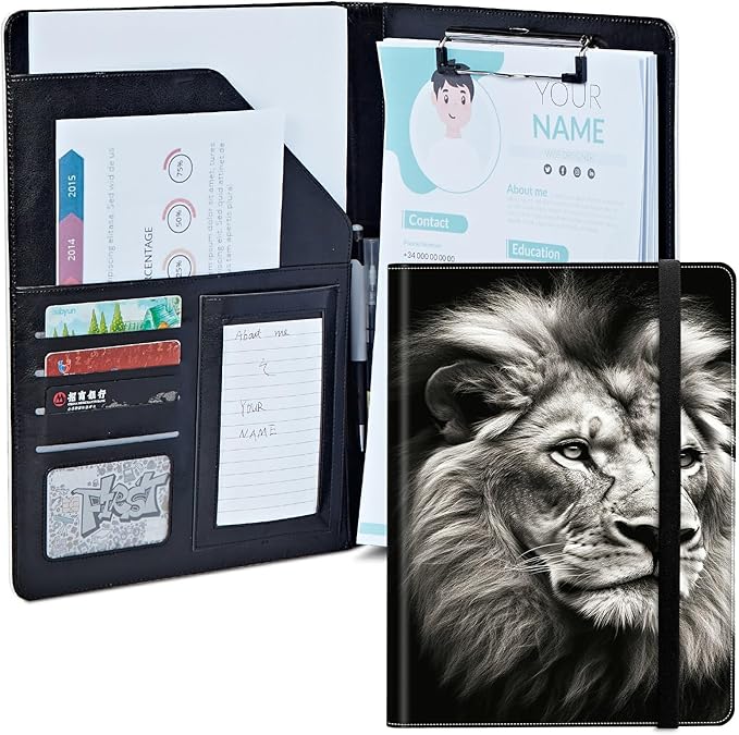 Lion Padfolio Folder with Clipboard,Portfolios Organizer Clipboards with Storage Clipboard Writing Pad PU Leather Conference Document Organizer with Business Card Holder