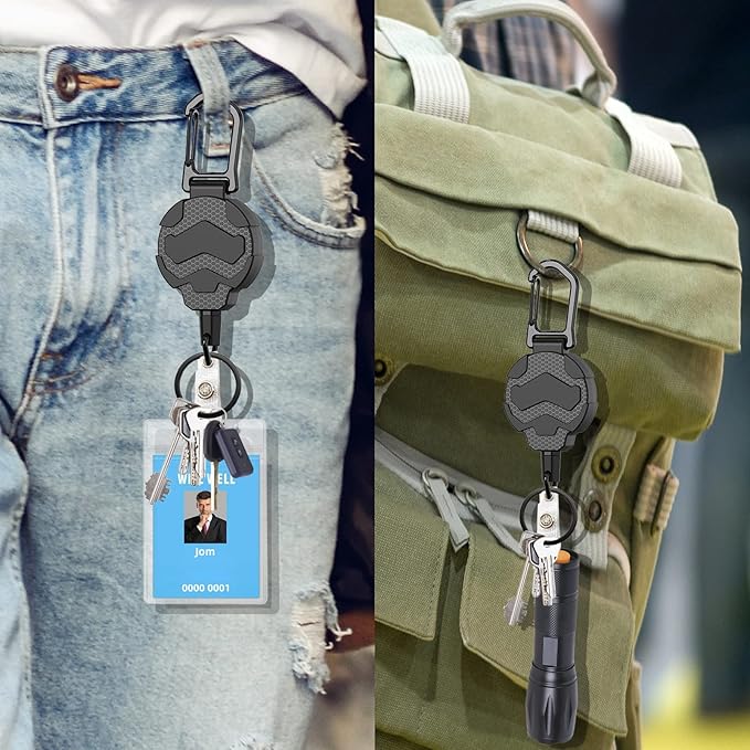 Retractable Keychain Badge Holder with Belt Clip, Heavy Duty Carabiner ID Badge Clip Reel, 32” Steel Retractable Cord, 10 oz Rebound,1pcs Black Keychain