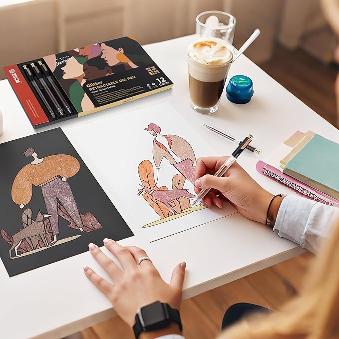 Retractable Glitter Gel Pens, 12 Colors Large Capacity Skin Tone Glitter Metallic Gel Ink Pens, 1 mm Fine Point Smooth Writing Color Pens for Adult Coloring Book Note Taking Aesthetic Art Supplies