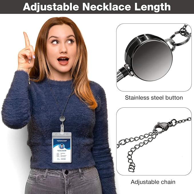 Outus 2 Pieces Badge Lanyard with ID Holders Stainless Steel Badge Holders Necklace Retractable Reel Clip Chain Water Resistant Name(Gray)